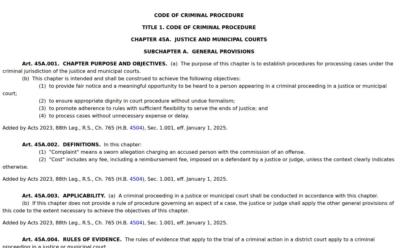 Runnels County traffic warrant rules under Texas Chapter 45A